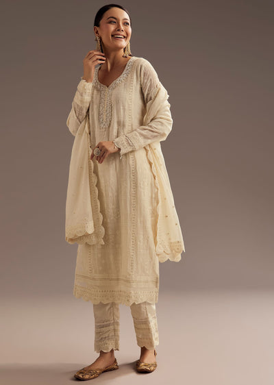 Off White Thread Motiwork Chanderi Kurta Dupatta Set