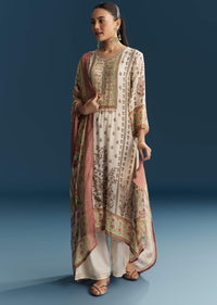 Off White Crepe Printed Kurta Set