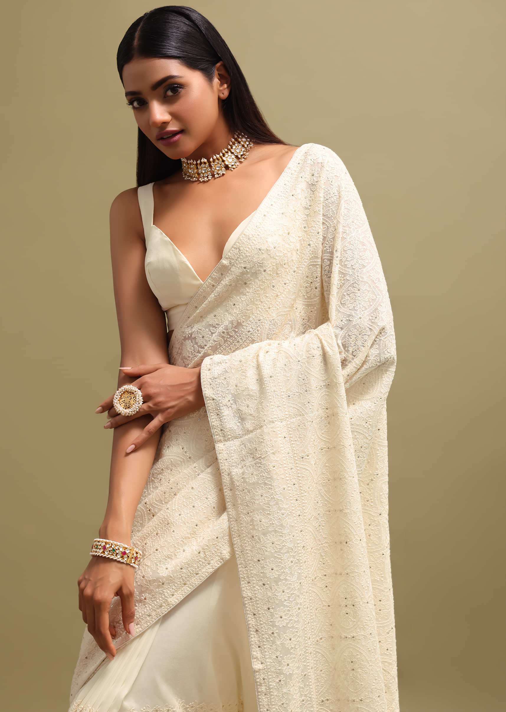 Off White Georgette Chikankari Saree With Unstitched Blouse