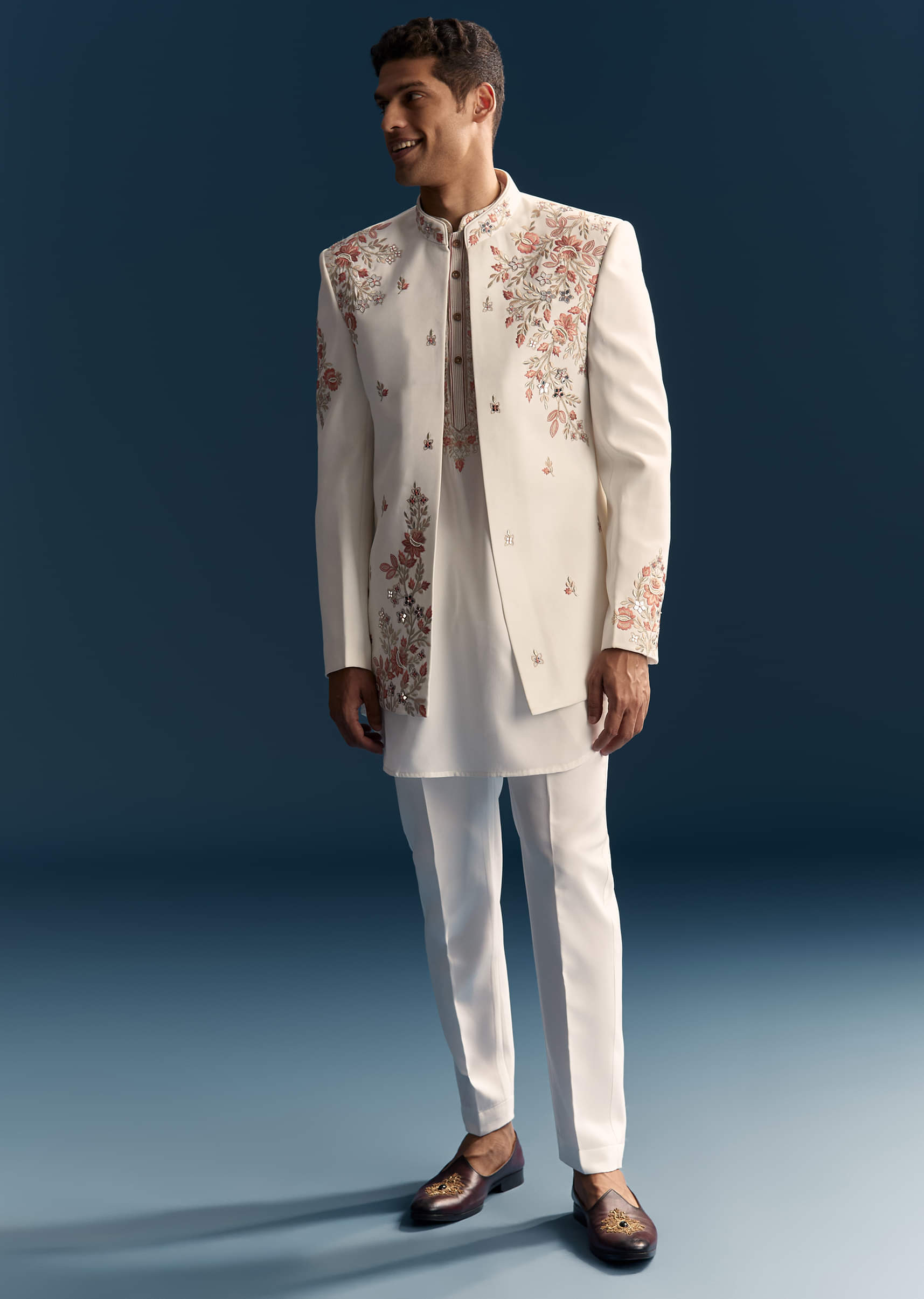 Off White Indo Western Set For Men With Hand Embroidery