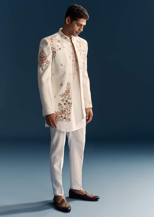 indo western dress for men Off White Set With Hand Embroidery Size:0 US / 34 EU Slim fit Model height tryon93024rm Shinny Gold Prom Dresses