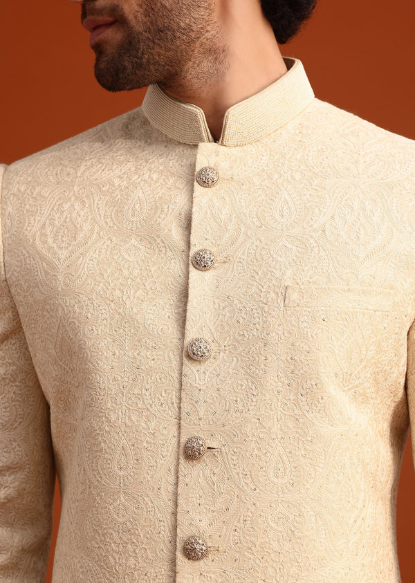 Off White Moonga Silk Embroidered Sherwani Set