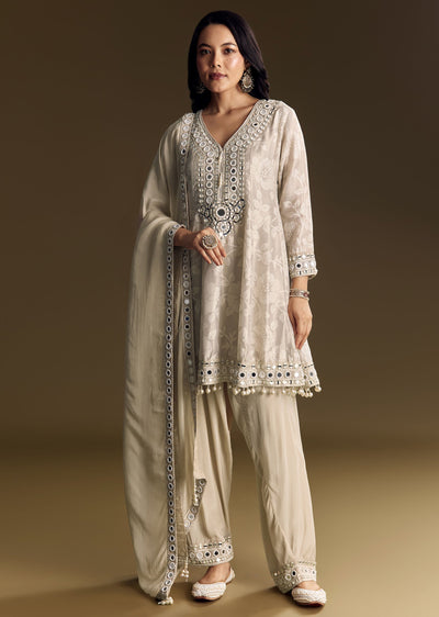 Off White Patiala Suit With Mirror Work Kurta Dupatta