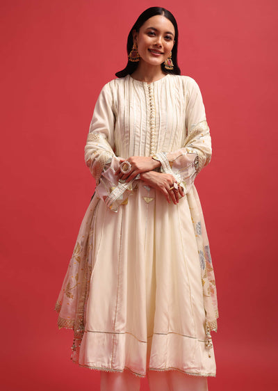 Off White Silk Kurta Palazzo Set With Potli Bag