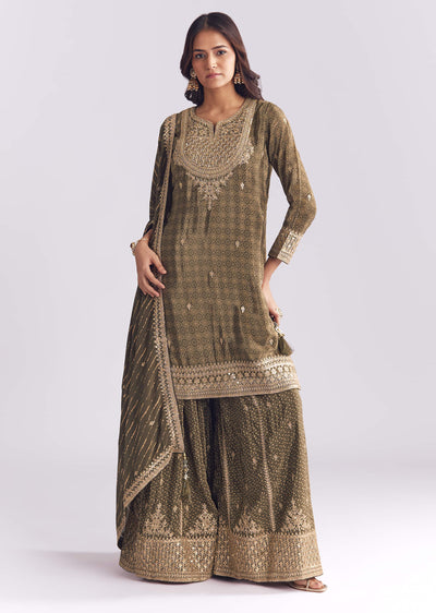 Olive Crepe Bandhani Palazzo Suit With Zari And Sequins Work