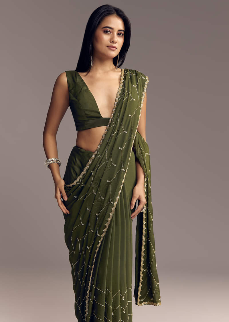 Olive Green Embroidered Chinon Saree With Scallop Border