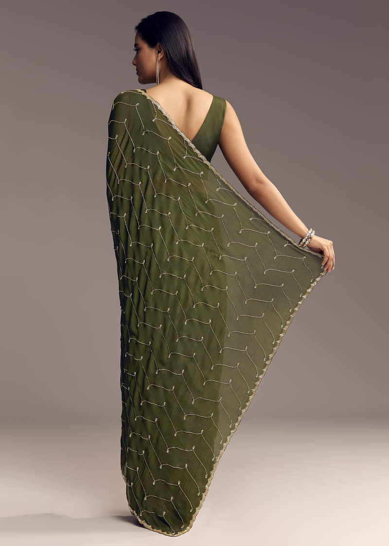 Olive Green Embroidered Chinon Saree With Scallop Border