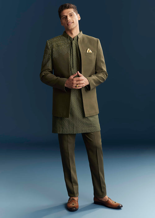 olive green dress for men Men's Olive Green 3-Piece Suit: Custom Tailored Wedding Attire Groom Dress