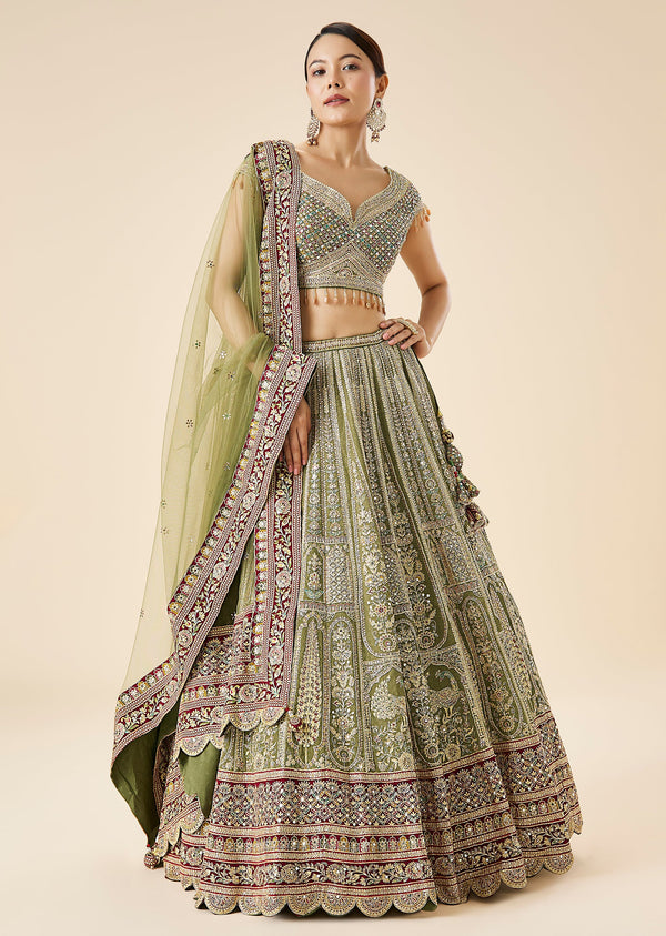Olive Green Printed And Embroidered Bridal Lehenga Set