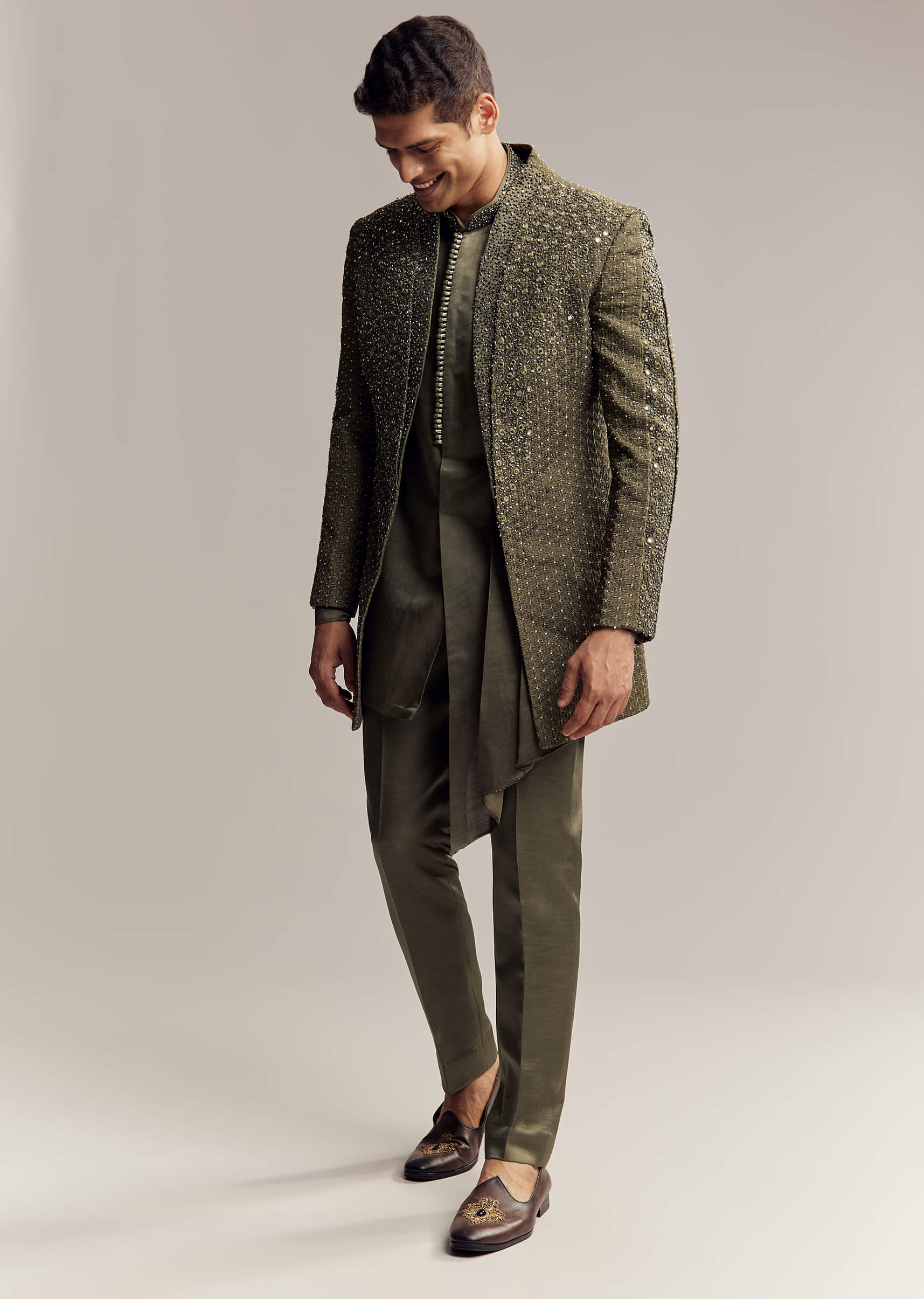 Olive Green Silk Indo Western For Men With Heavy Embroidery