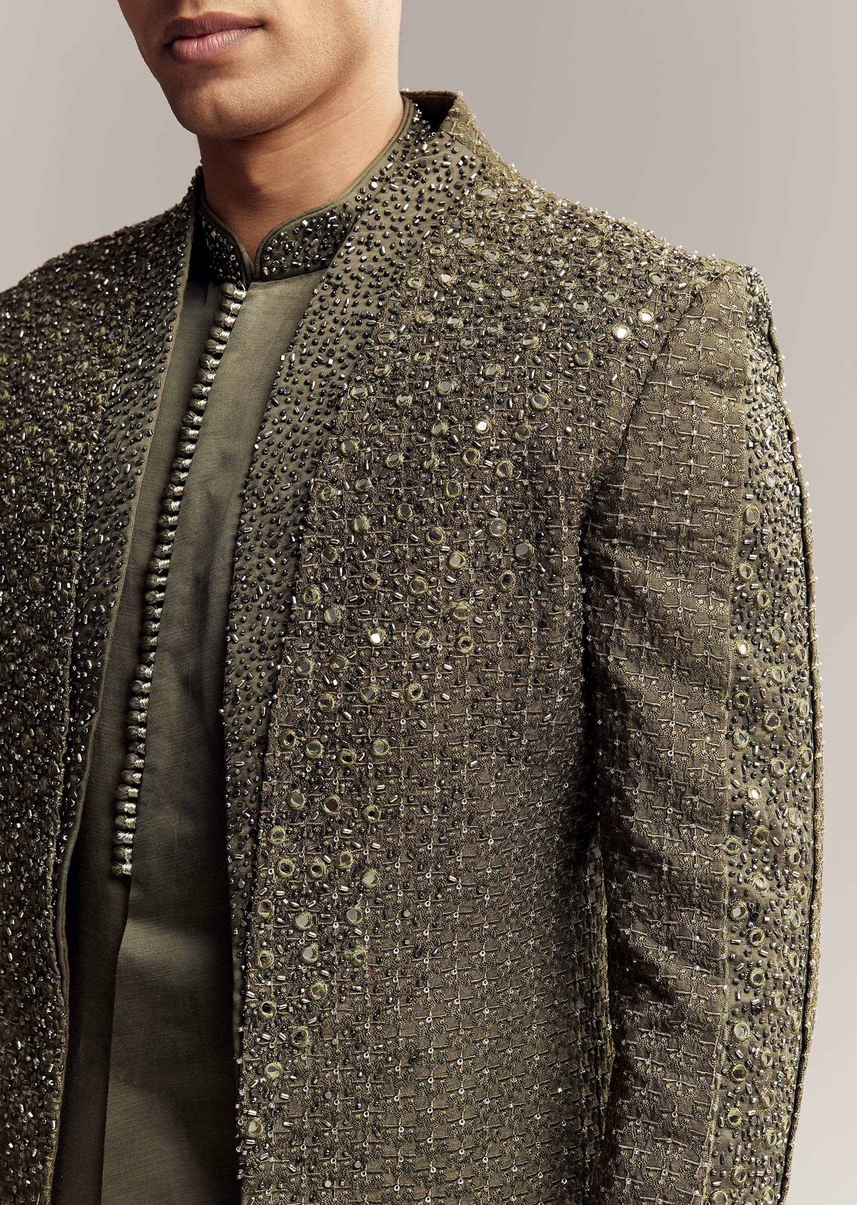 Olive Green Silk Indo Western For Men With Heavy Embroidery