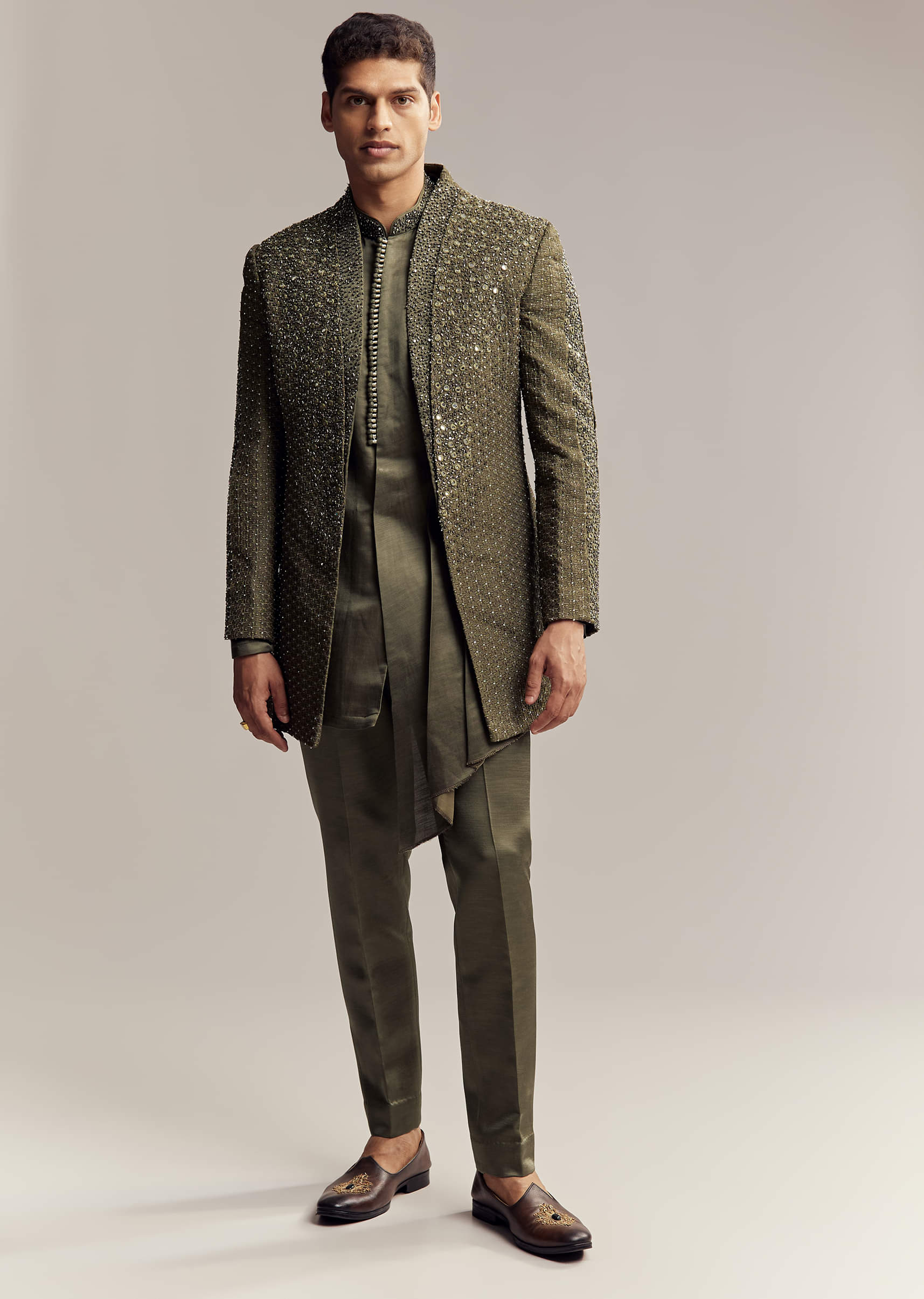 Olive Green Silk Indo Western For Men With Heavy Embroidery