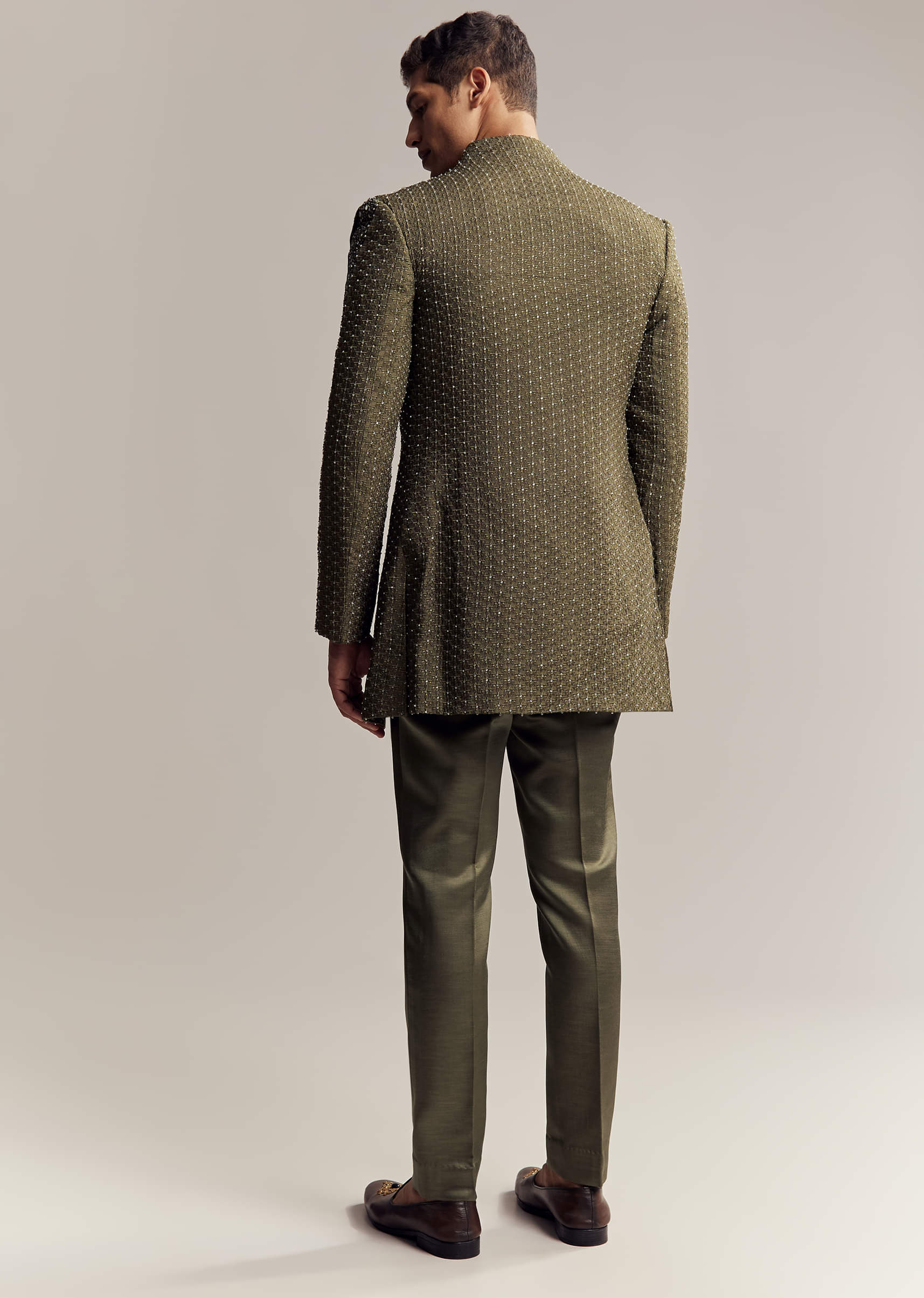 Olive Green Silk Indo Western For Men With Heavy Embroidery