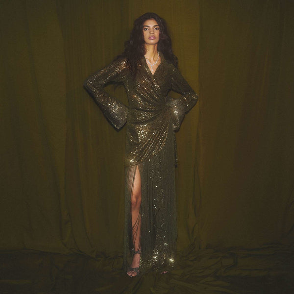 Olive Green Wrap Around Dress Embellished In Sequins With Collar Neckline And Long Fringe Detailing