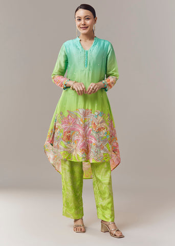 Buy Ombre Green Silk Coord Set With Floral Embellishment | KALKI