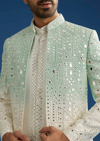 Ombre Green Silk Indo Western Jacket Set With Mirror And Thread Work