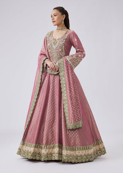 Onion Pink Anarkali With Cutdana And Mirror Embroidery