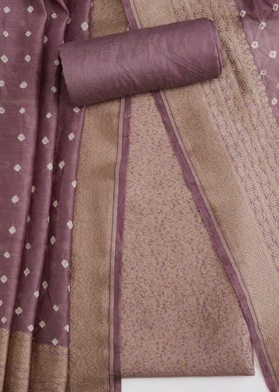 Onion Pink Banarasi Silk Unstitched Suit Set With Bandhani Dupatta