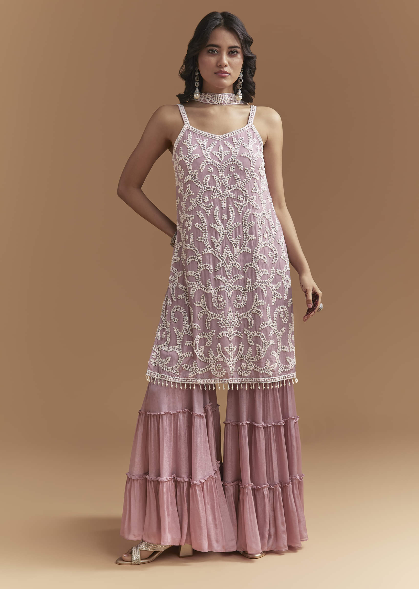 Onion Pink Chinon Sharara Suit With Cutdana And Moti Work