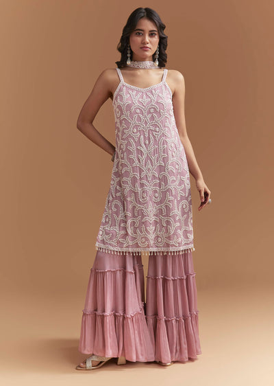 Onion Pink Chinon Sharara Suit With Cutdana And Moti Work