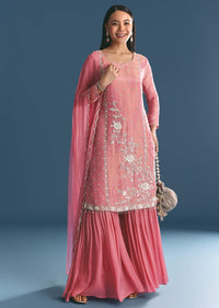 Pink Tissue Kurta Sharara Suit With Moti Cut Dana Work