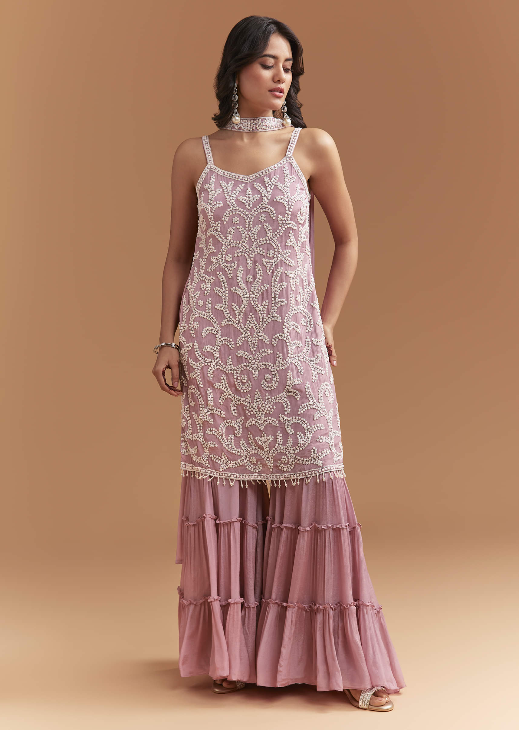 Onion Pink Chinon Sharara Suit With Cutdana And Moti Work