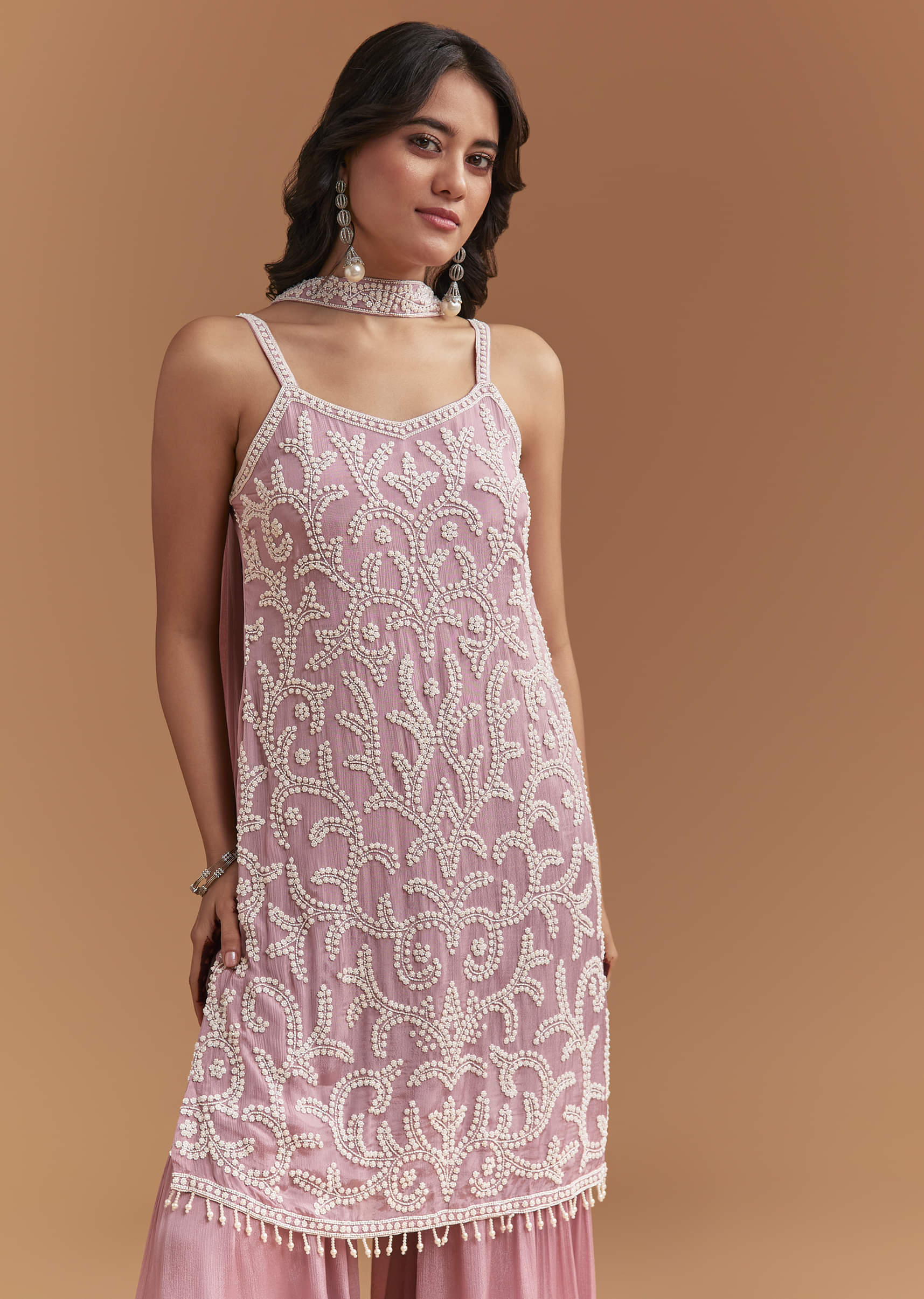 Onion Pink Chinon Sharara Suit With Cutdana And Moti Work