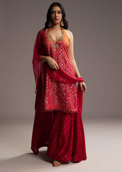 Orange And Red Ombre Silk Palazzo Suit With Bandhani Print