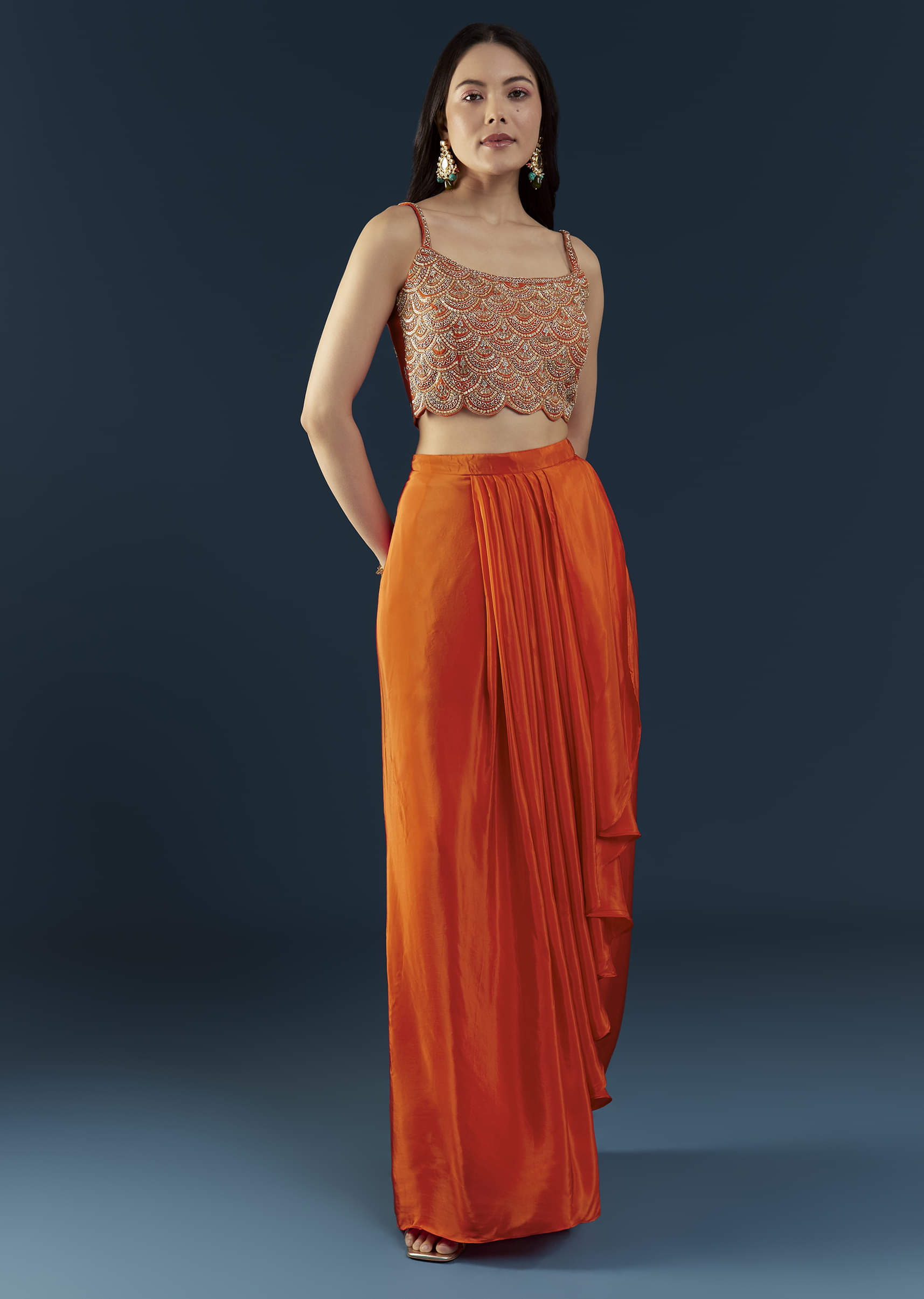 Orange Asymmetric Crop Top Skirt Set with Leheriya Cape