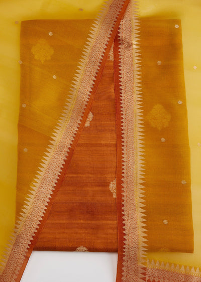 Orange Banarasi Silk Unstitched Suit Set With Dupatta