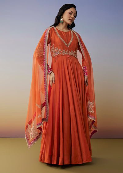 Orange Chanderi Anarkali Suit Set with Zari Moti Embroidery Work