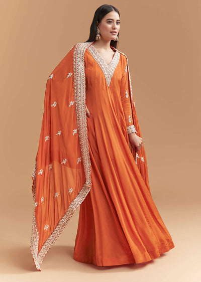Orange Chinon Anarkali Suit With Intricate Hand Embroidery