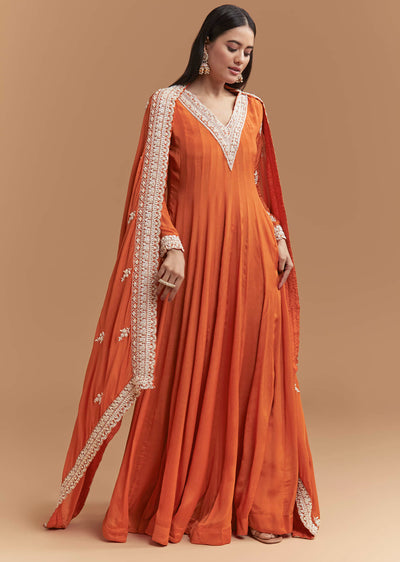 Orange Embellishred Yoke Anarkali Set With Butti Embroidered Dupatta