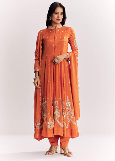Orange Chinon Anarkali Suit With Moti Sequins And Cutdana Dupatta