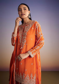 Orange Chinon Kurta Palazzo Set With Cutdana And Beads Work