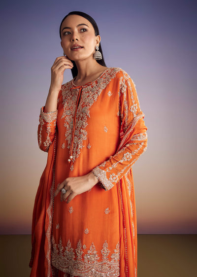 Orange Chinon Kurta Palazzo Set With Cutdana And Beads Work