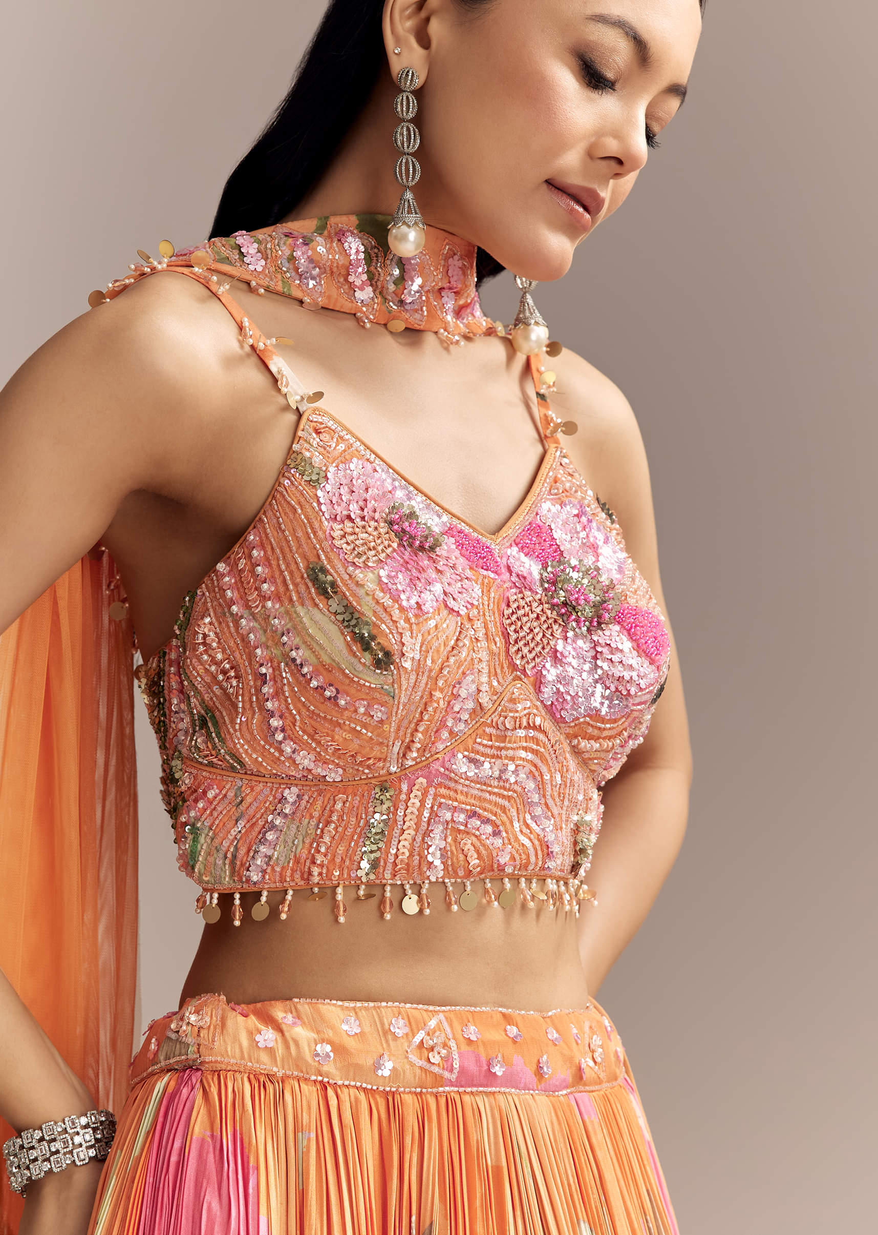 Orange Crepe Bridesmaid Lehenga With Multicolour Floral Print