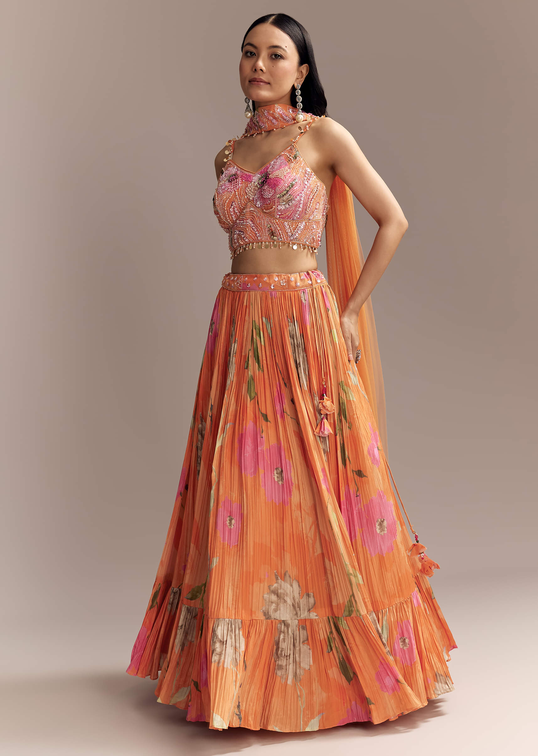 Orange Crepe Bridesmaid Lehenga With Multicolour Floral Print