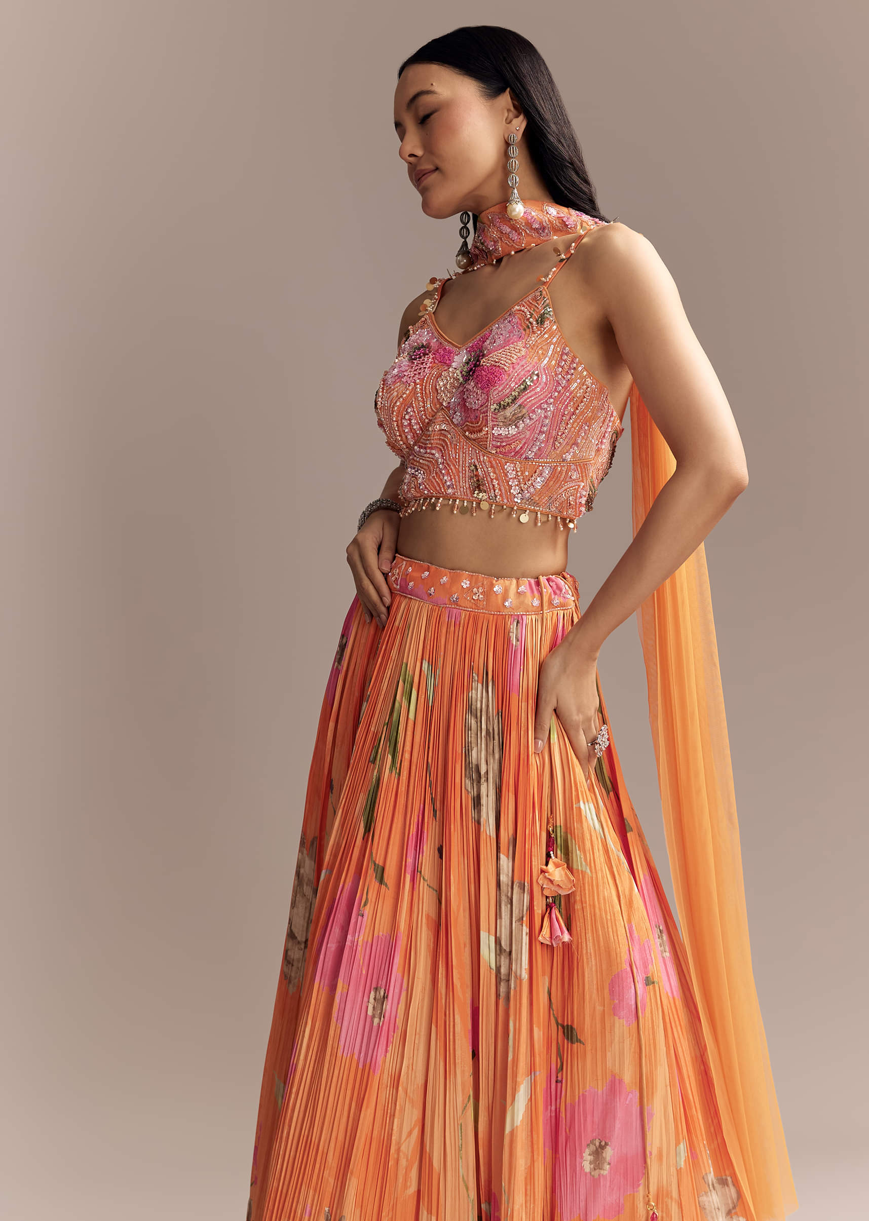 Orange Crepe Bridesmaid Lehenga With Multicolour Floral Print