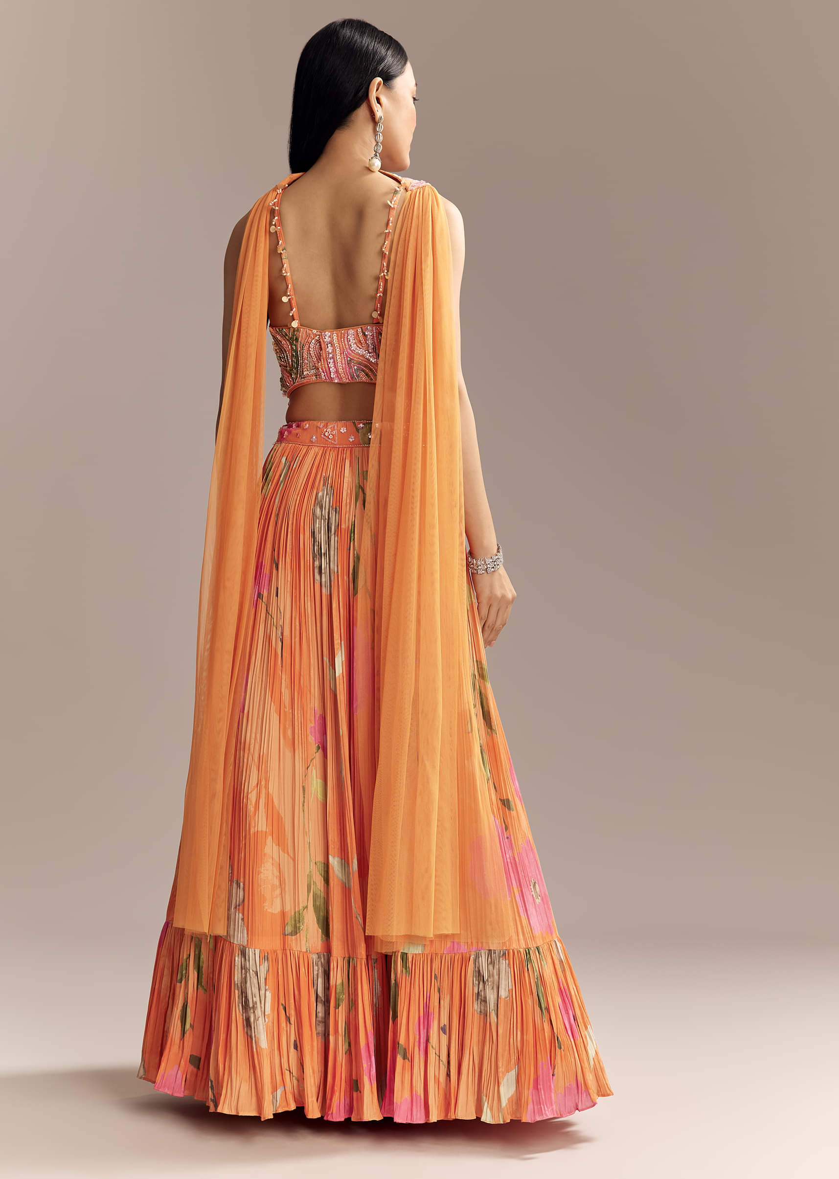 Orange Crepe Bridesmaid Lehenga With Multicolour Floral Print