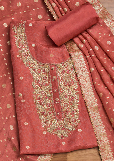 Orange Crepe Unstitched Suit With Dupatta and Bottom Fabric