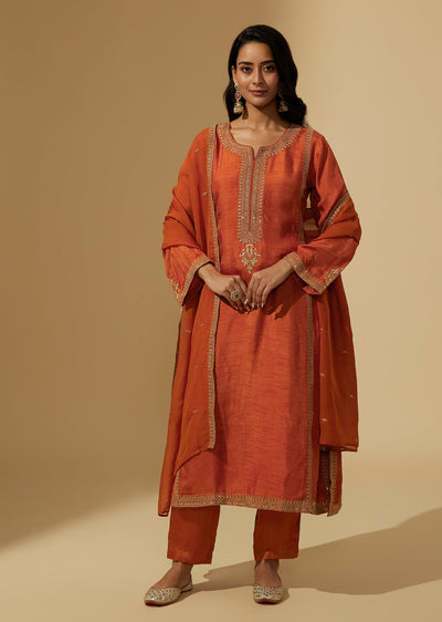 Orange Dola Silk Zari And Sequin Embroidered Anarkali Suit Set