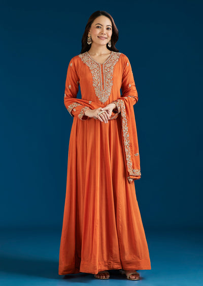 Orange Embroidered Chinon Anarkali Suit With Dupatta