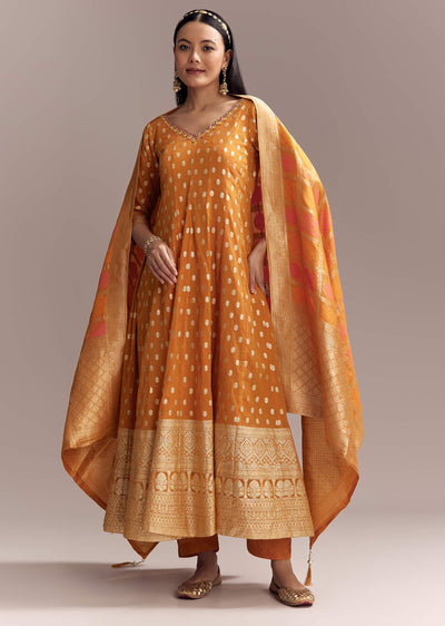 Orange Jacquard Anarkali Suit With Woven Brocade Dupatta