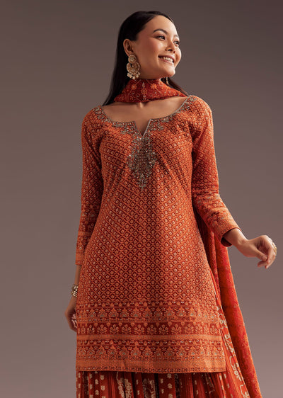 Orange Lucknowi Mirror Zardosi Kurta Palazzo Dupatta Set