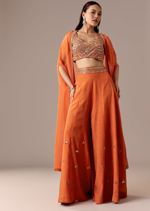 Orange Mirrorwork Cape Palazzo Set