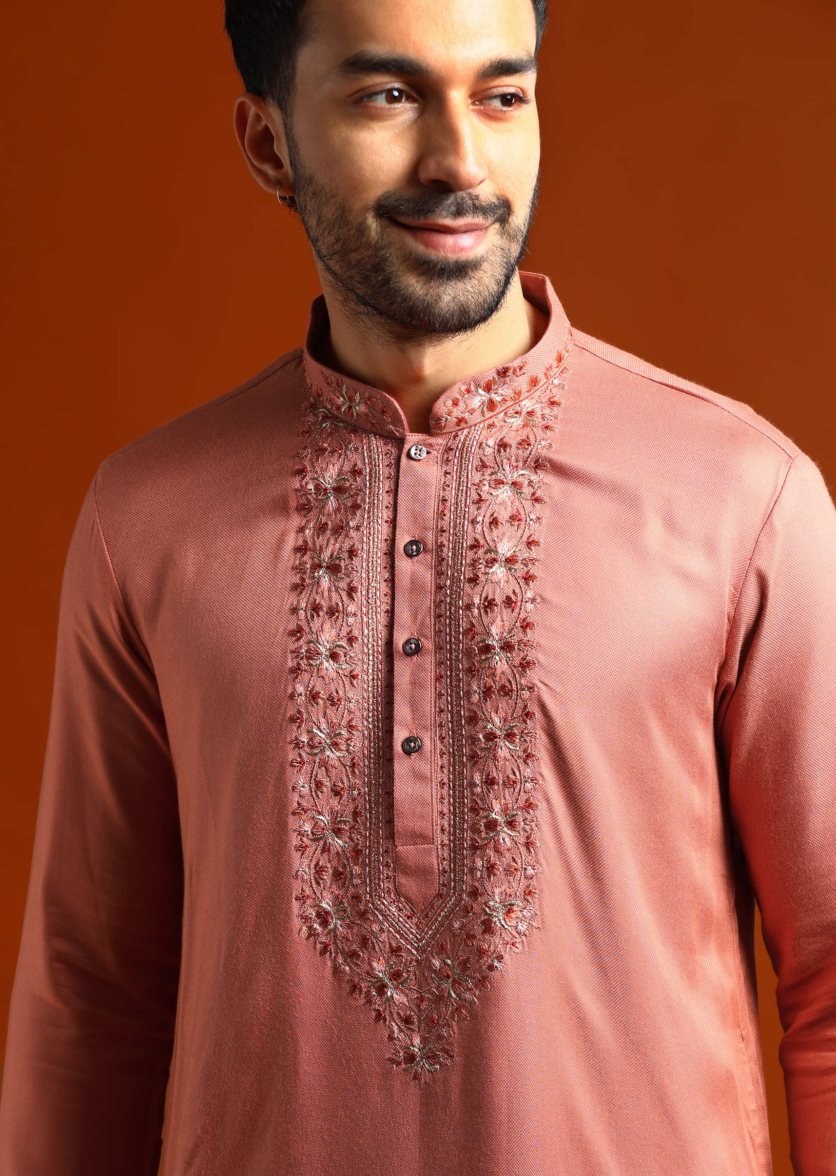 Orange Modal Kurta Set For Men With Thread Work