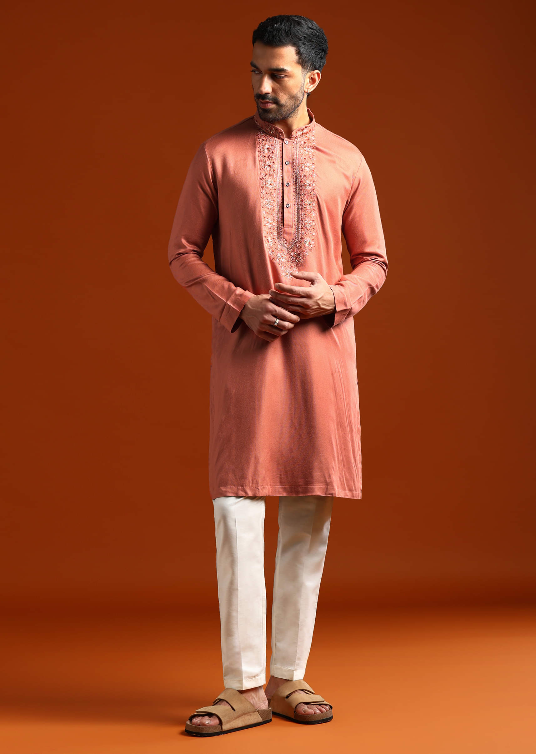 Orange Modal Kurta Set For Men With Thread Work