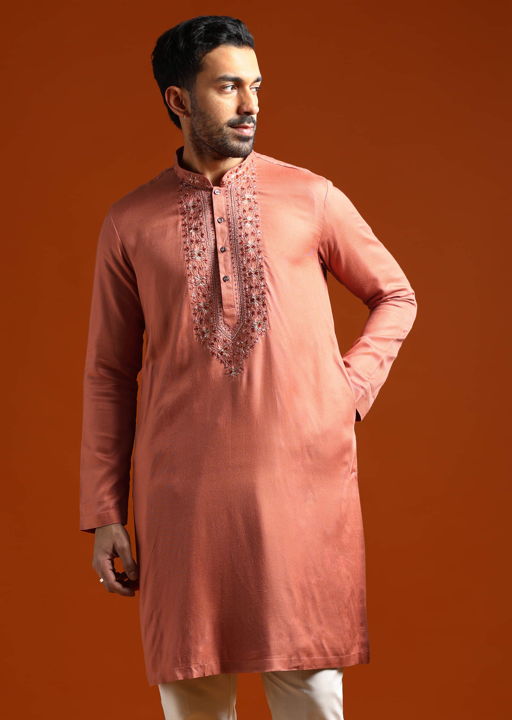 Orange Modal Kurta Set For Men With Thread Work