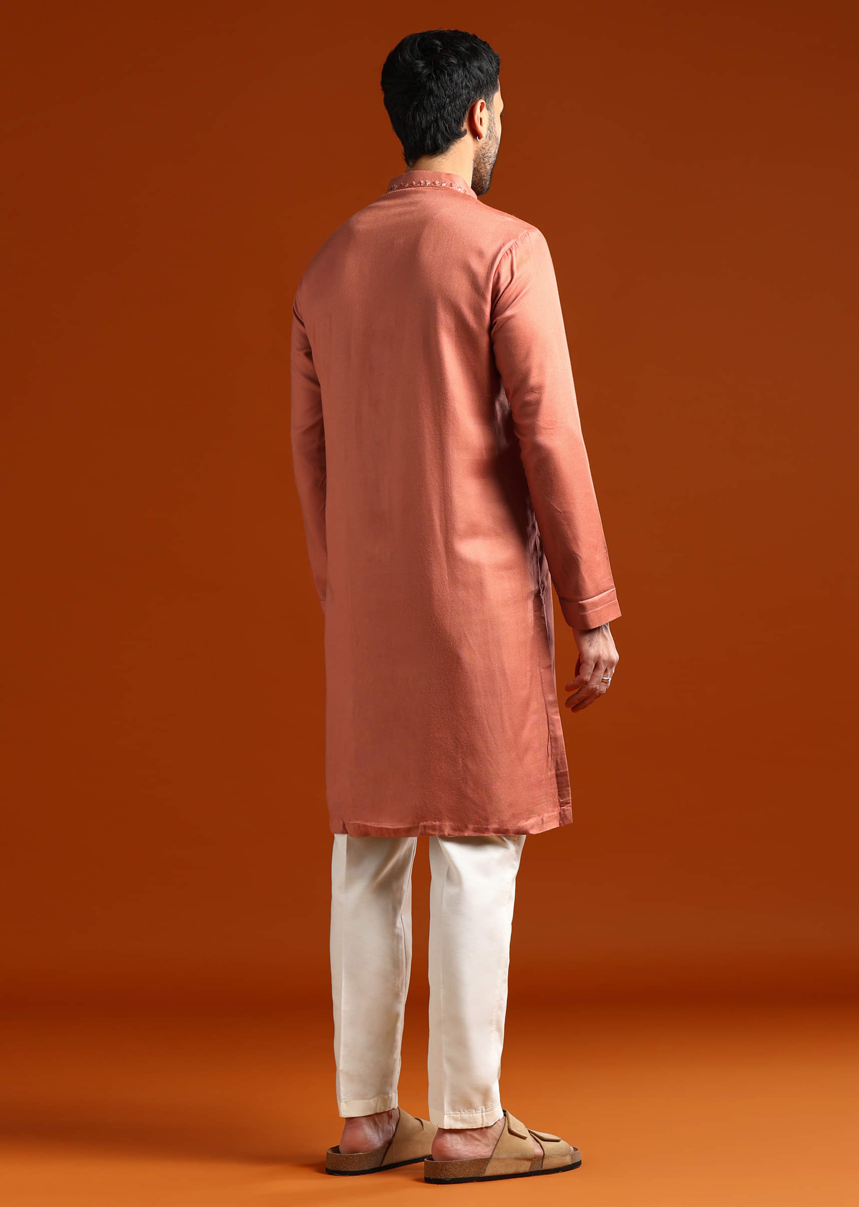 Orange Modal Kurta Set For Men With Thread Work